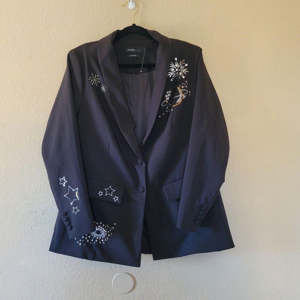Torrid Black Embroidered Star Print Blazer Size 2x Two Button Front Pockets New
